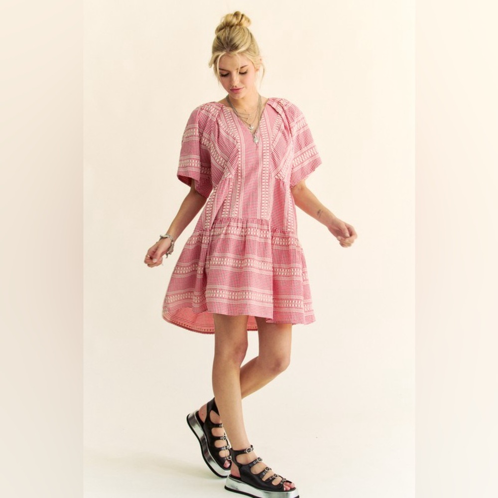 🟠 94B. Embroidered Stripe Detail Gingham Mini Dress - Red